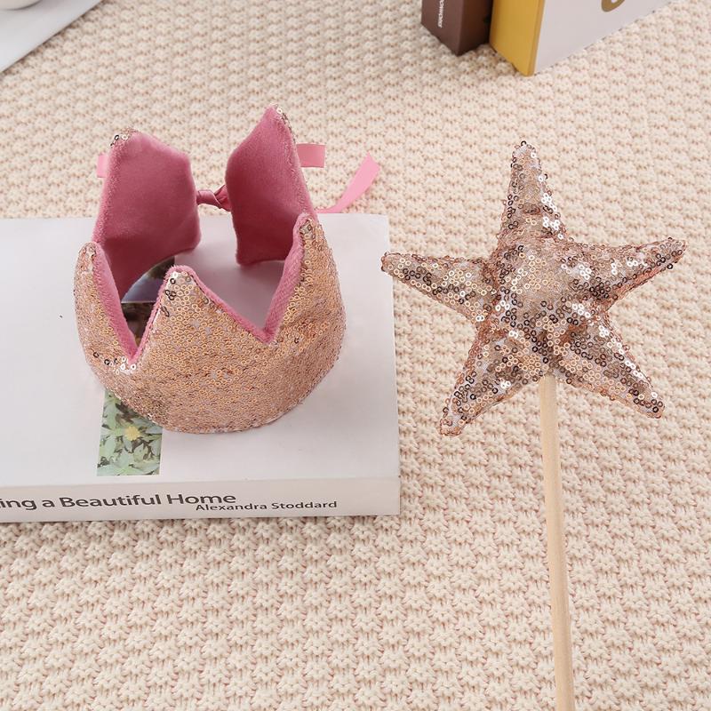 Ins Baby Shower Girl Glitter Pink Crown Boy Birthday Party Headwear Stage Performance Headband Star Fairy Stick