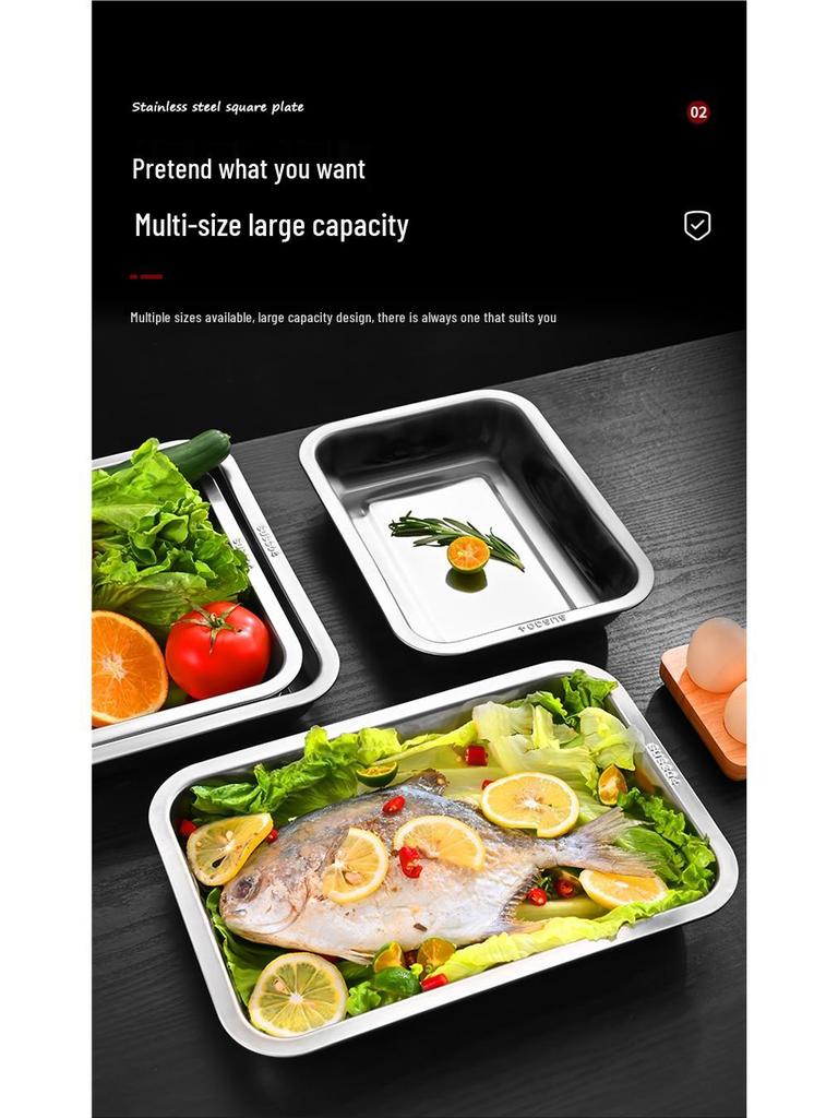 304 Food Grade Stainless Steel Rectangular Tray for Barbecuing, Fish, Steamed Rice - Household and Commercial Use.