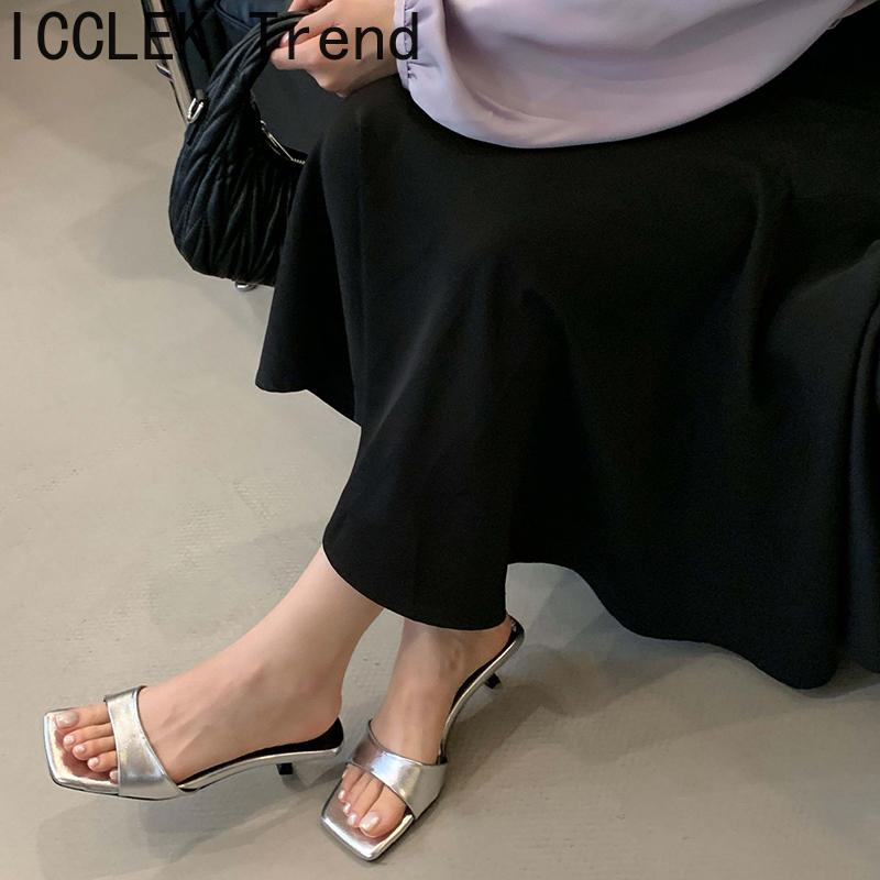 Summer Square Toe Women Silvery Slippers Ladies Elegant Outdoor Street Style Thick Heel Slides Sandalias