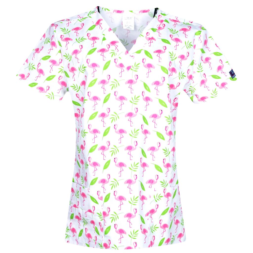 Hennar Uniforme de Trabalho Feminino 100% Algodão Estampado Uniformes Decote V Manga Curta XXS-3XL Hospitalar Clínico Uniforme de Trabalho Top