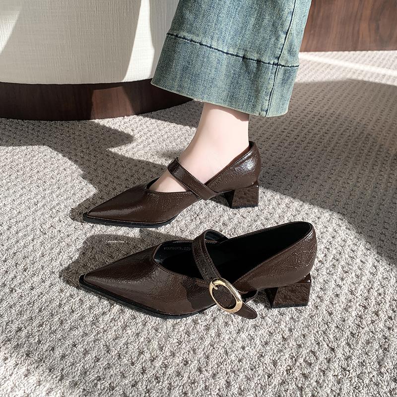 Fashion Spring New Low Heel Shoes Women's Pointed Head Shallow Mouth Metal Buckle Soft Sole Non-slip Low Top Shoes