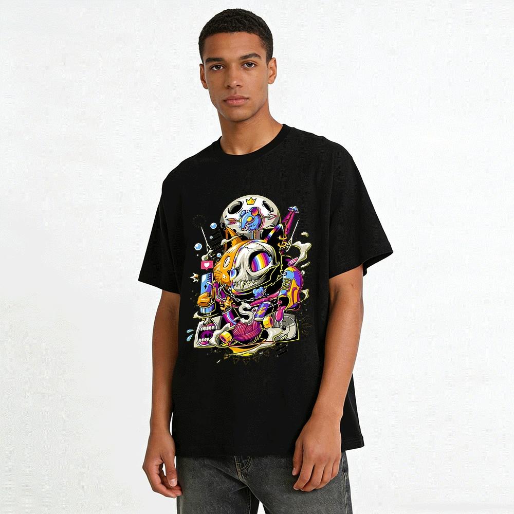 Skull Cat Hip Hop Print Casual Street Trendy Personality Short Sleeve T-Shirt Pure Cotton T-shirt