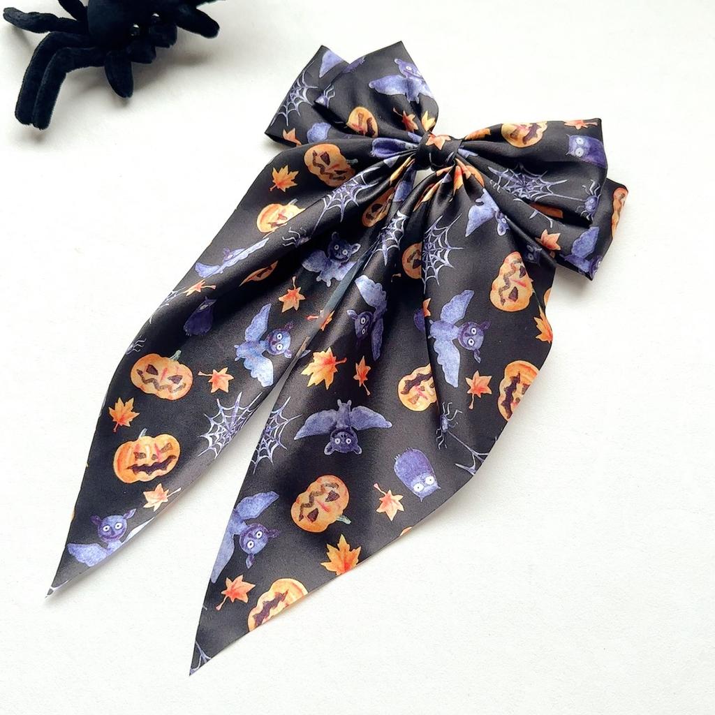 1pc Chic Halloween-Themed Bow Hair Clip - Black & White with Spooky Ghosts & Pumpkins Design, Silky Polyester