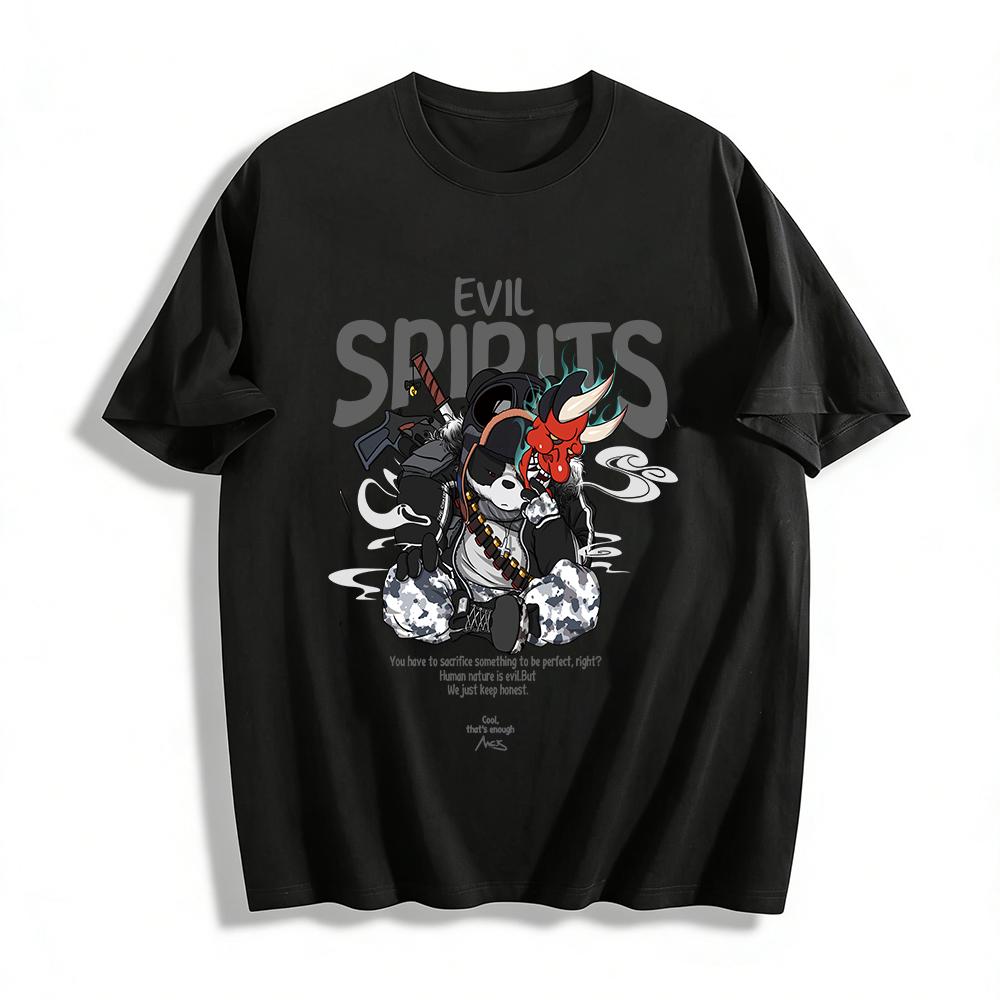 

Evil Spirits Panda Print Streetwear Japanese Oni Style Top Pure cotton T-shirt XXS