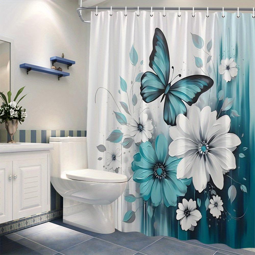 

Blue Butterflies And Sky-Blue Flowers Washable Dirt-Resistant Shower Curtain Shower Head Waterproof Polyester Bath Curtain W60H190(CM)-1 Pcs