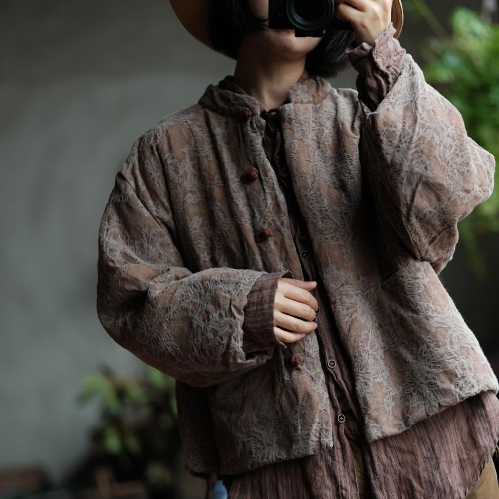 

Johnature льняной принт, винтажное женское пальто в китайском стиле, весенние свободные пальто с длинными рукавами и круглым вырезом в стиле ретро, ​​парки с карманами One Size кофейный