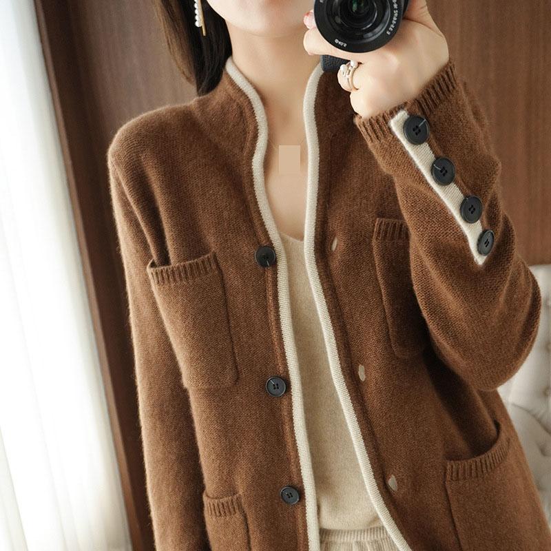 Autumn Big Size Loose Vintage Cardigan Women Coat Design Color Matching Sweater Jacket Slimming Knitted Outer Jacket Cardigans
