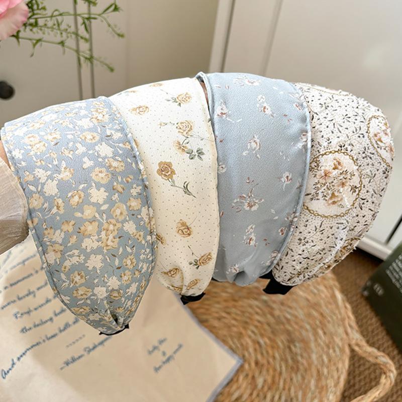 Elegant Rustic Wide Floral Print Headband for Women Wrap Hair Cover Parting Down Press Edge Sweet Cute Hair Hoop Accessory