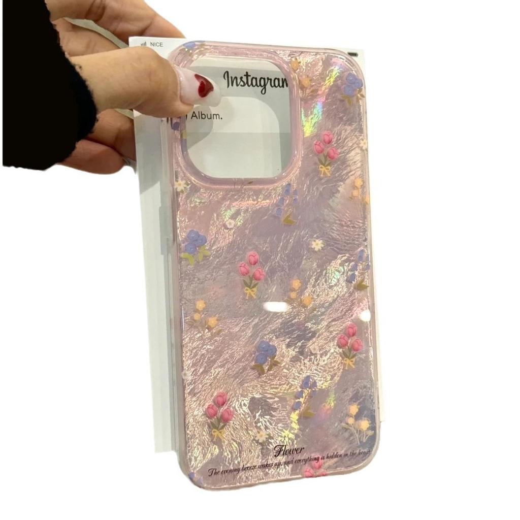 Large Holes Suitable for Apple 16 Colorful Varnish Mobile Phone Case High End Iphone15promax Small Flower 13 Protective Case