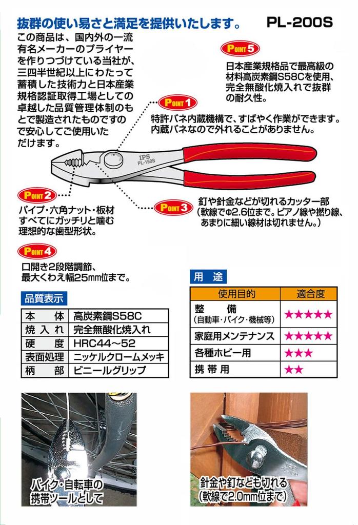 IPS Combination Pliers with Made in (Igarashi Pliers) Spring, 200mm, PL-200S, Japan, Tsubame-Sanjo