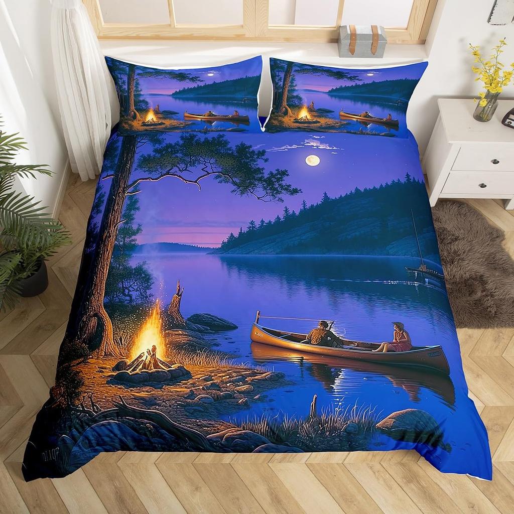 Camper Theme Duvet Cover Set for Teens Adults Kids Queen Size Quilt Cover with 2 Pillowcase Bonfire Evening Bedding Set 3 Pieces