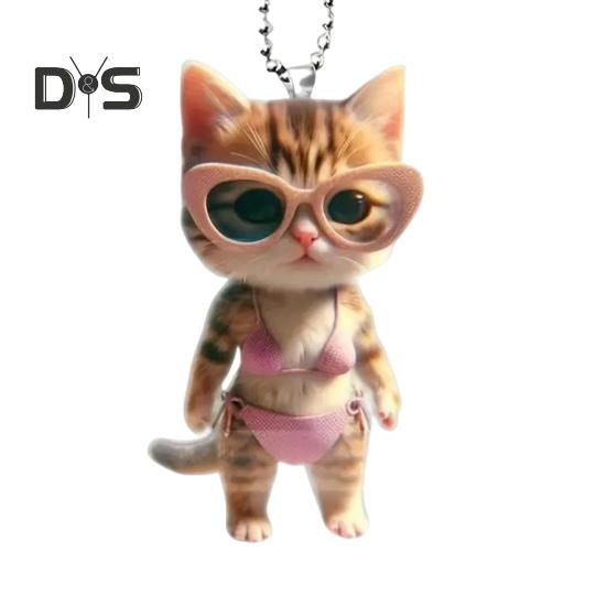 Kitten Pendant 2D Flat Acrylic Cartoon Cat Ornament Bikini Kitten with Sunglasses Keychain Pendant Christmas Tree Decor Gift for Cat Lovers