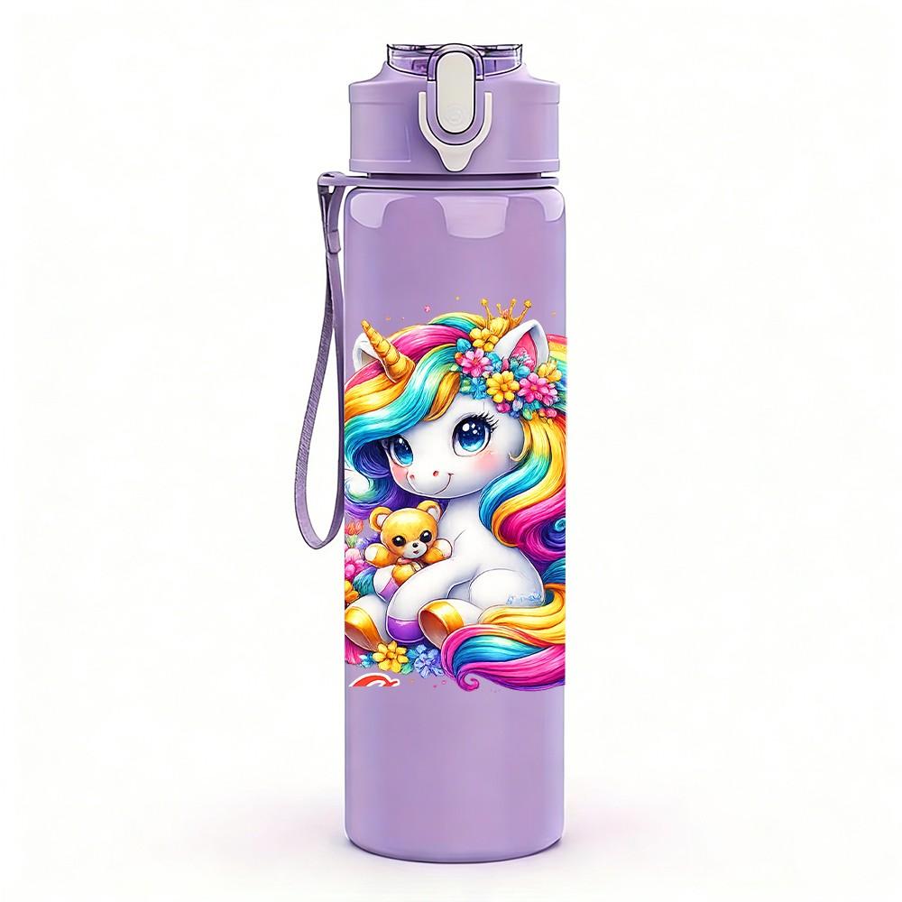 1PC Rainbow Mane Unicorn Cartoon Print 750ml Color Plastic Sports Water Bottle Leakproof Flip Straw Lid Suitable for Sports Office Home Use