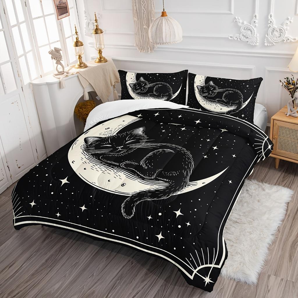Schwarze Katze Mond Digital bedrucktes Bettwäscheset Weich Gemütlich Bettbezugset King Queen Twin Einzelgröße Geburtstagsgeschenk Raumdekoration