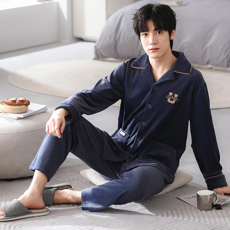 Pyjamas Herren Herbst und Winter Inselvlies Fleece Frühling und Herbst Korallenfleece Dünnes Homewear-Set