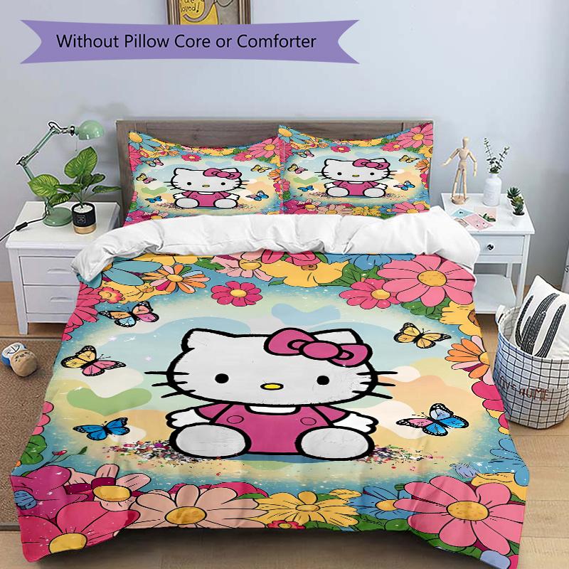 3pcs Hello Kitty & Colorful Daisy Design Pattern Bedding Set, 1* Cover + 2*Pillowcases, Printed Bedding Set, Soft and Comfortable.W034
