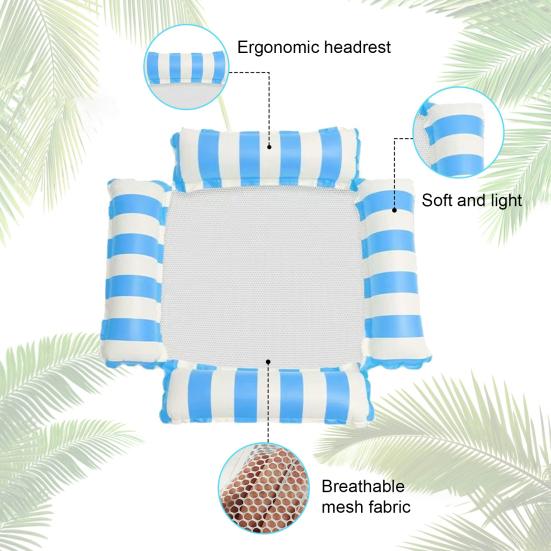 Flotador Inflable para Piscina Rayado 4 Tubos Hamaca de Agua con Malla Silla Lounge Flotante Plegable Esenciales para Fiesta en Piscina de Verano Playa Lago