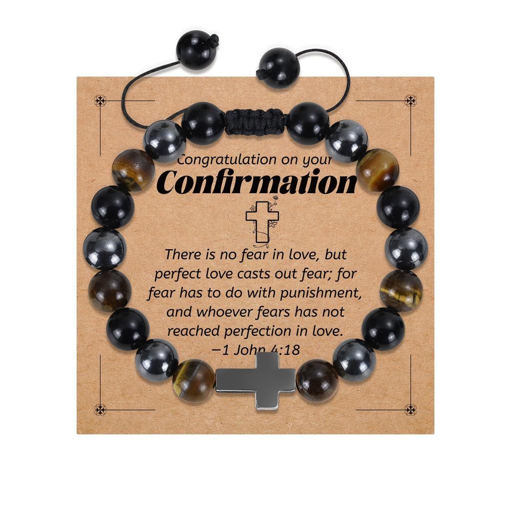 Father's Day Gift Bracelet Black Cross Pendant Black Rope Braided Adjustable 8mm Black Frosted Cross Bracelet