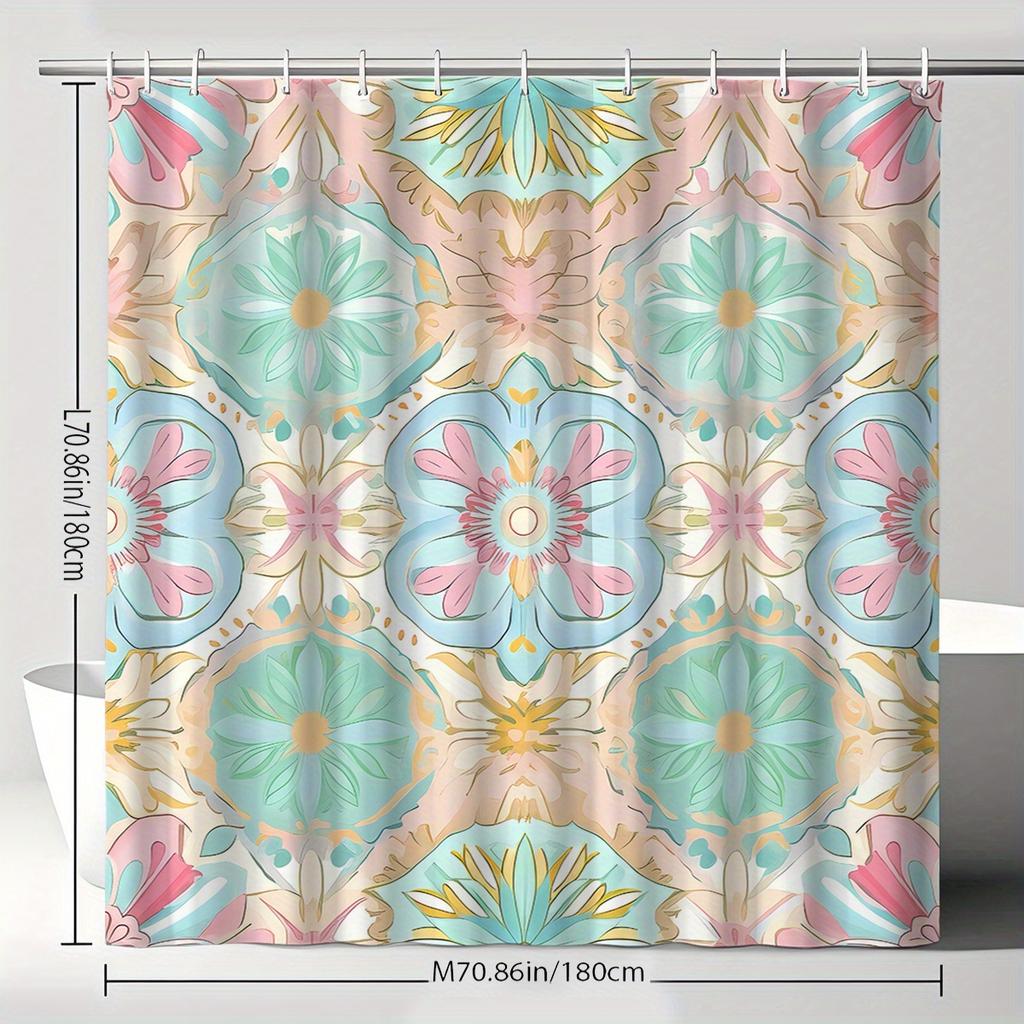 Art Deco Floral Curtain, Vibrant Print, Fade-Resistant, Machine Washable, Retro Bath Decor