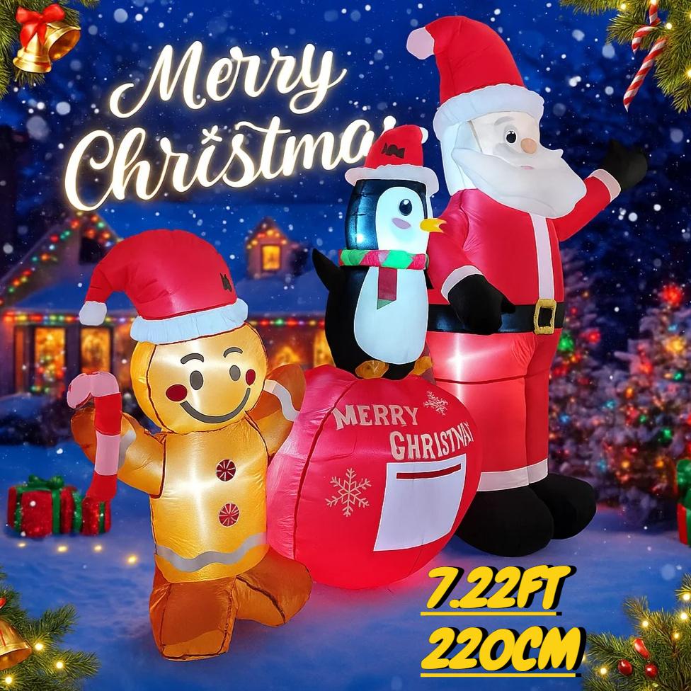 7.22FT Inflatable Toy Christmas Set Santa Penguin Gingerbread Man Xmas Yard Decor Supplies LED Lit Home Ornaments Festive Gift