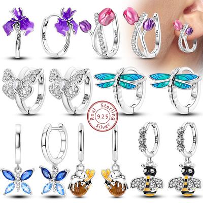 New 925 Silver Hoops Earrings Colorful Flower Butterfly Bee Drop Earring For Women Birthday Party Fashion Jewelry Gifts