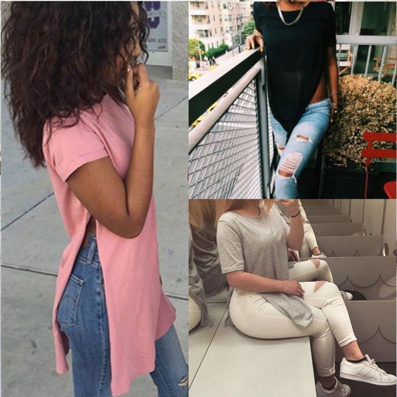 Women's Premium Quality Long T-shirt Round Neck Short Sleeve Split Tops Casual Dress