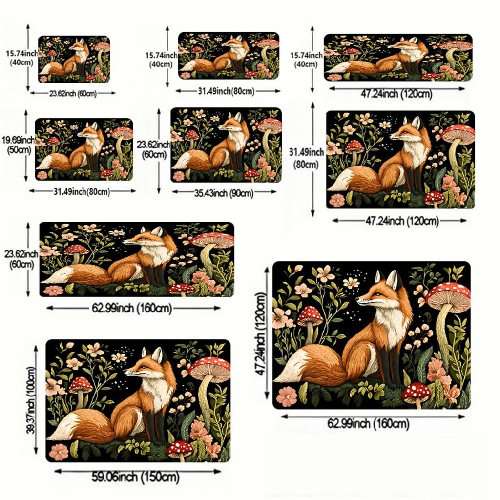 2D Flat Red Fox Mushroom Forest Christmas Scene Flannel Area Rug Non Slip Winter Holiday Carpet For Living Room Bedroom Floor