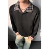 Hong Kong Style Fake Two Piece Polo Collar Sweatshirt Men Loose Plaid Stitching Long Sleeve Casual Top