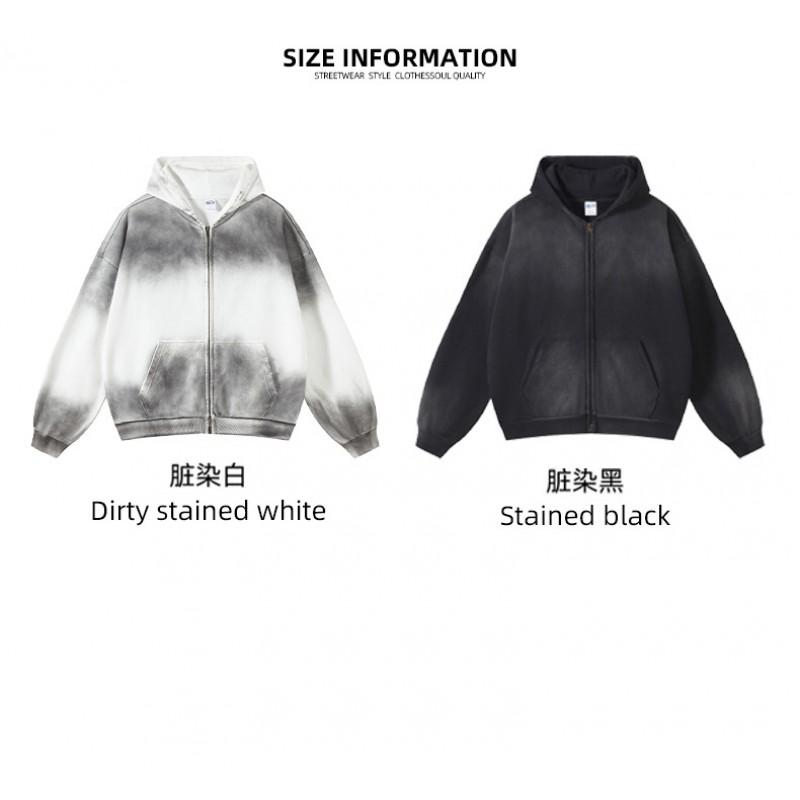 Oversized Cotton Hoodie With Dual Zipper Washed Vintage Gradient Print Unisex Streetwear Sweatshirt Fall