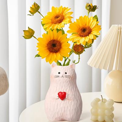 Love Heart Cat Flower Vase Resin Handmade Cartoon Kitten Floral Plants Holder Container Home Office Centerpiece Desktop Decoration