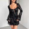 European And American Spring Dresses, New Flocked Long-Sleeved Floral Hollow Bow Women'S Clothing