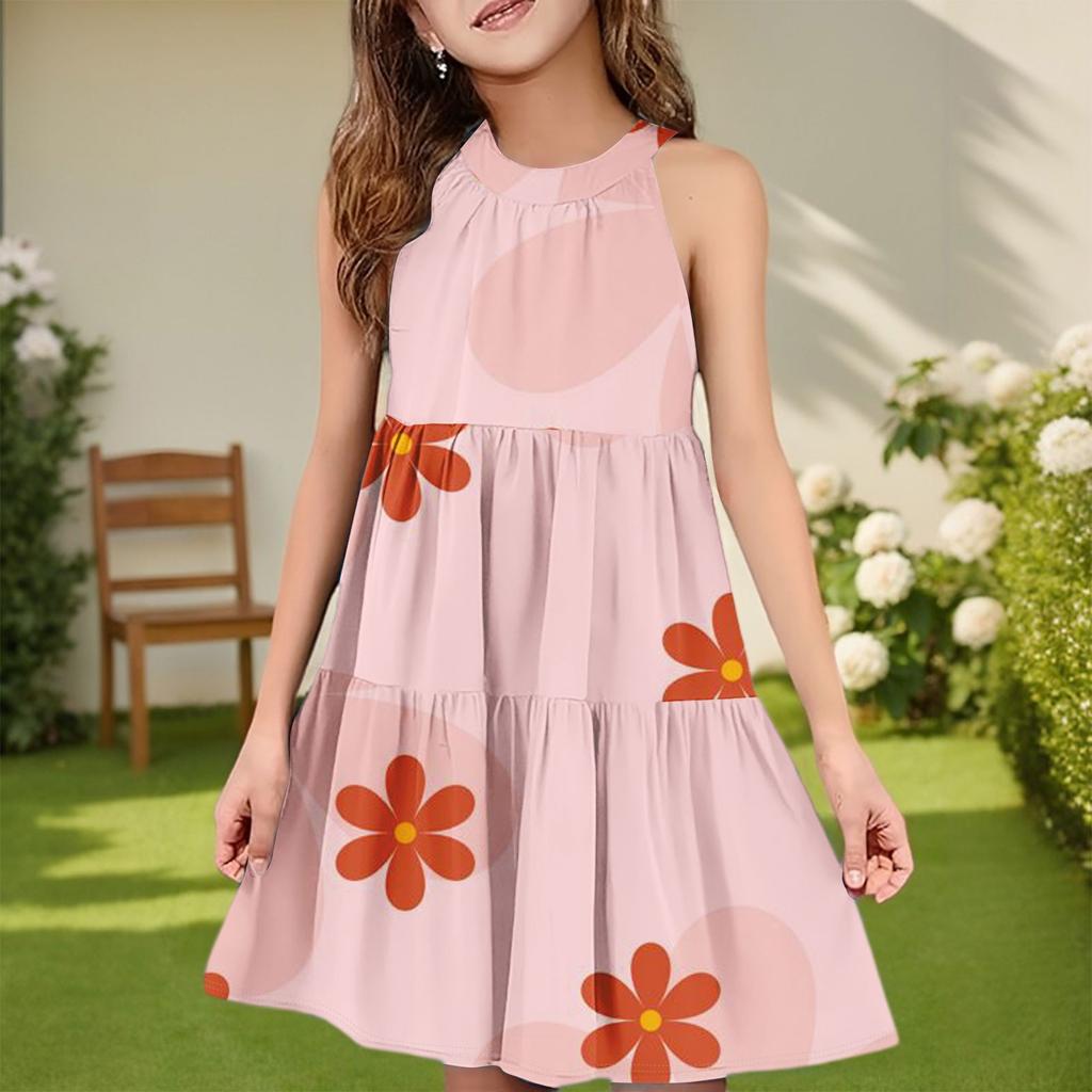 Dětské letní ležérní módní šaty bez rukávů s kulatým výstřihem