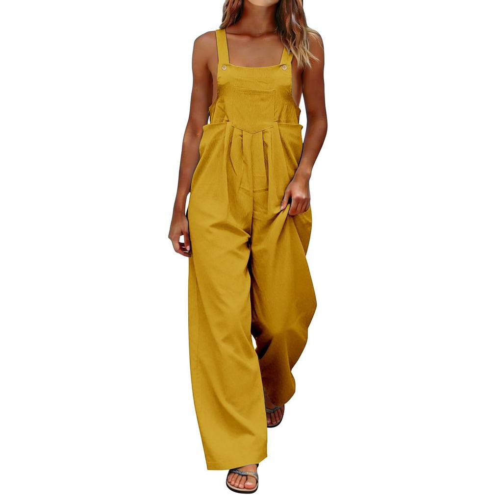 Women's Fashionable Color Sleeveless Casual Wide Leg Loose Jumpsuit With Pocket