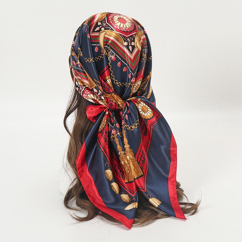 

Satin Square Scarf Women Muslim Hijab Elegant 2026 Chains Print Neckerchief Shawl Wraps Headband Handle Hair Accessories Bandana 90x90 cm