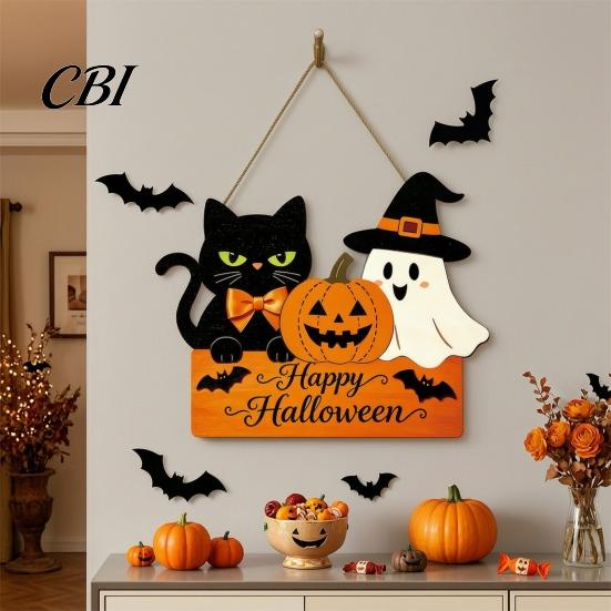 Cute Halloween Front Door Plaque Sign with Hemp Rope Lanyard, Pumpkin Ghost Printed Hanging Weatherproof Wall Ornament Plaque, Wooden Art for