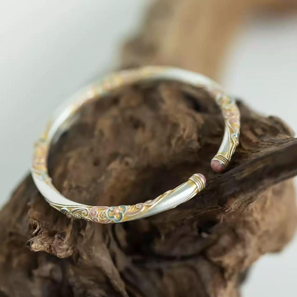 Women's Ethnic Sterling Silver 9999 Bracelet with Gold Inlay, Enamel Blooms, & Four-Leaf Clover Design