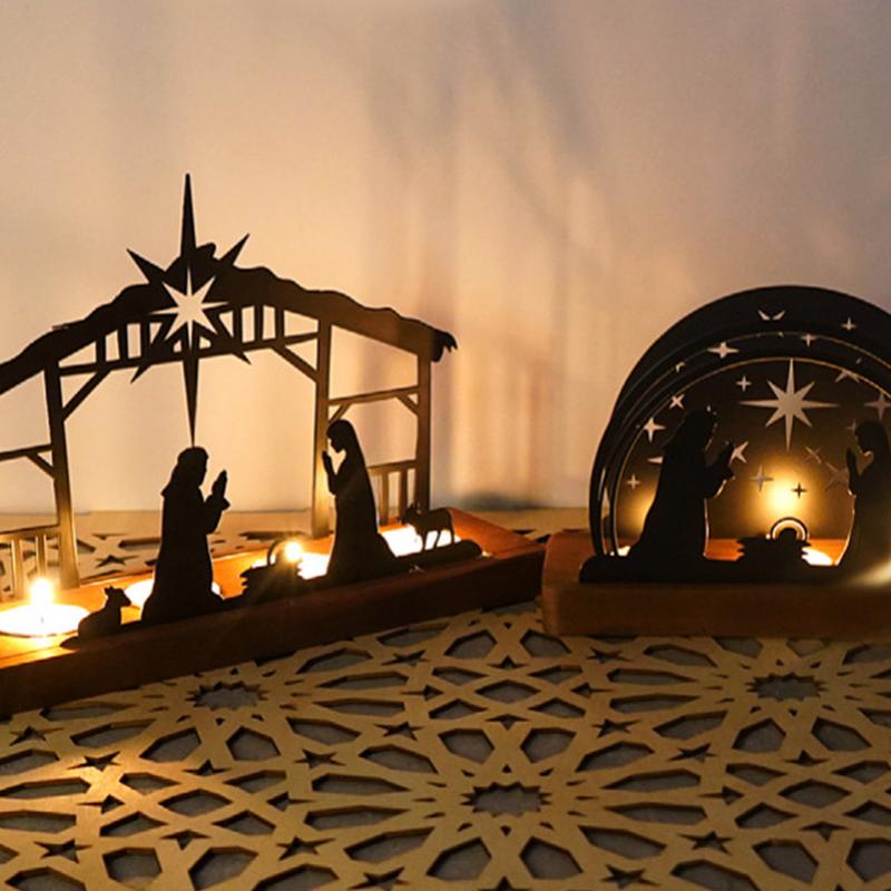 Christmas Candle Holder Metal Nativity Scene Candlesticks Decorative Candle Stand Holiday Candle Holder With Wood Base For