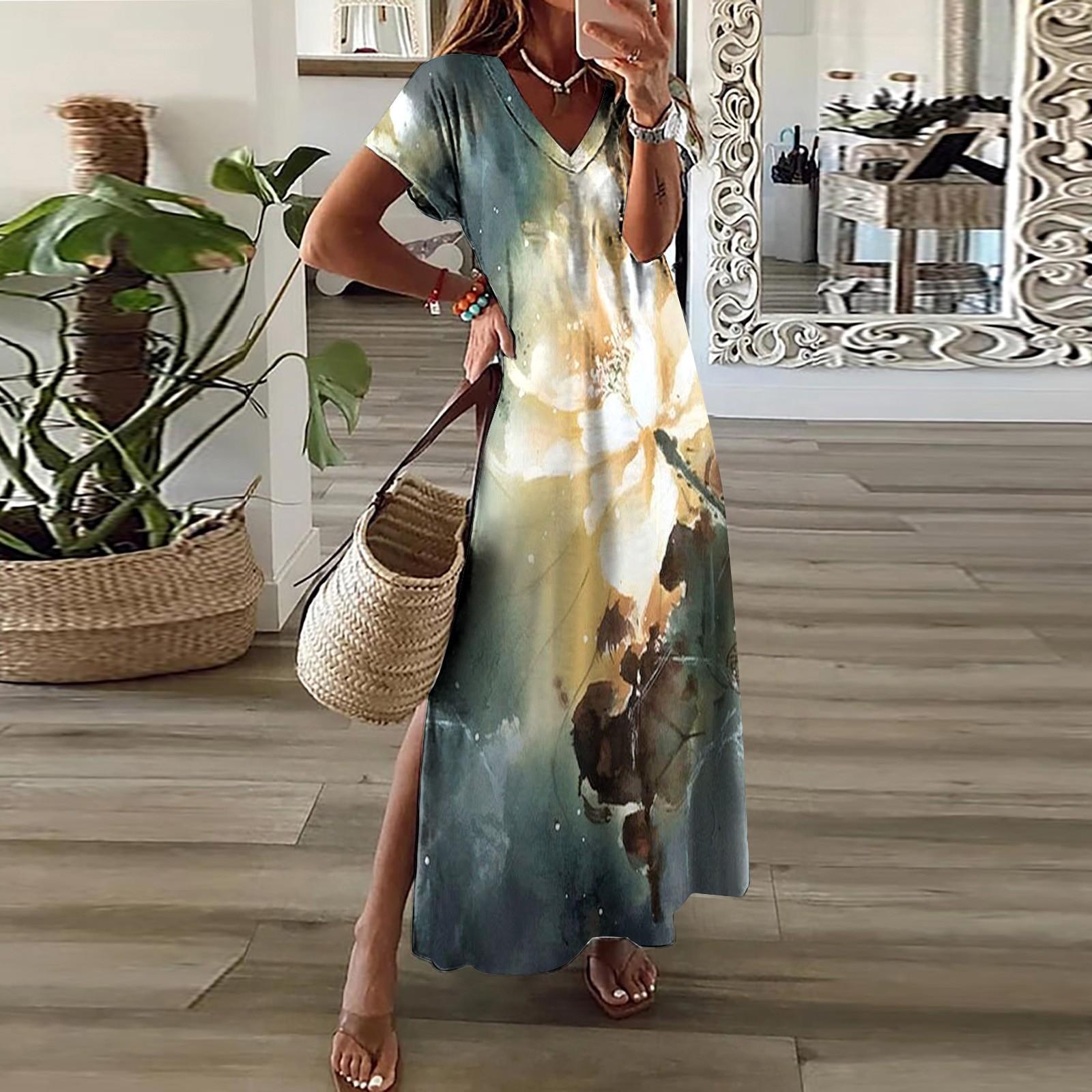 

Женское летнее повседневное модное платье с коротким рукавом и V-образным вырезом с разрезом и цветочным принтом S жёлтый