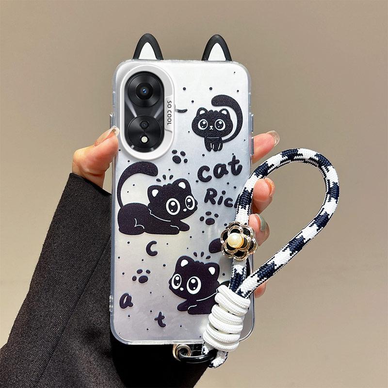 KEYSION Cute Ear Cartoon Case for OPPO A58 4G A38 A18 with Lanyard Soft Silicone+PC Shockproof Phone Back Cover for OPPO A17 A17K