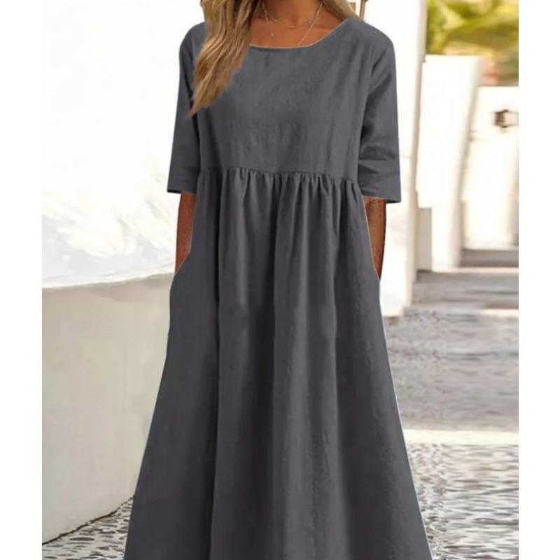 Summer Casual Short Sleeve Women Pocket Long Dress Fashion Elegant Plus Size Pleated Loose Crew Neck A-line Party Dresses Office Women Clothing