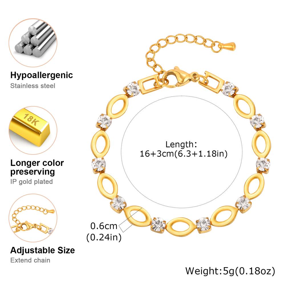 Elegant White Cubic Zircon Charm Bracelet,Women's Hollow Elliptical Handmade Chain Bracelet,Gold Color Stainless Steel Bracelets
