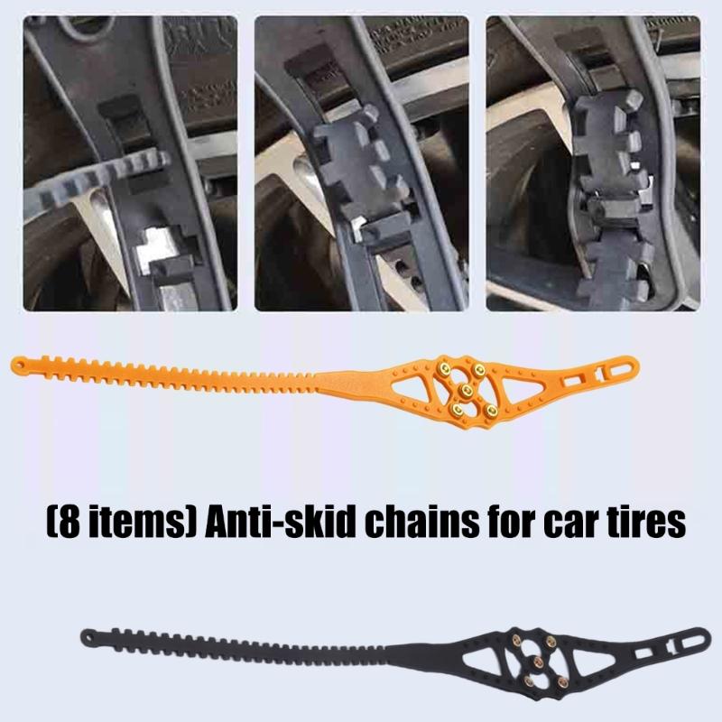 Snow Tire Chains with Individual Over-Tire Sections and Metal Contact Cups for Temporary Roadside Fitting and Use