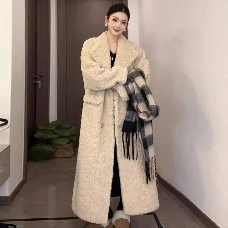 Winter New Suit Collar Lamb Wool Coat Women's Thickened Fur Integrated Long Fur Loose Coat Over the Knee