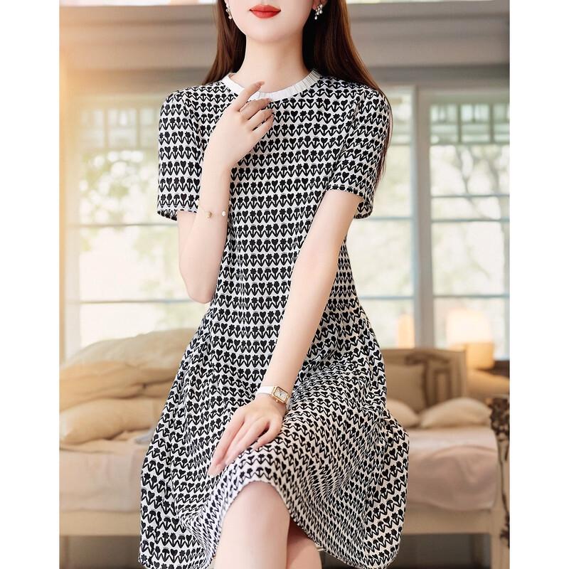 Demana Light Luxury French Style Round Neck Pleated Printed A-line Dress XL