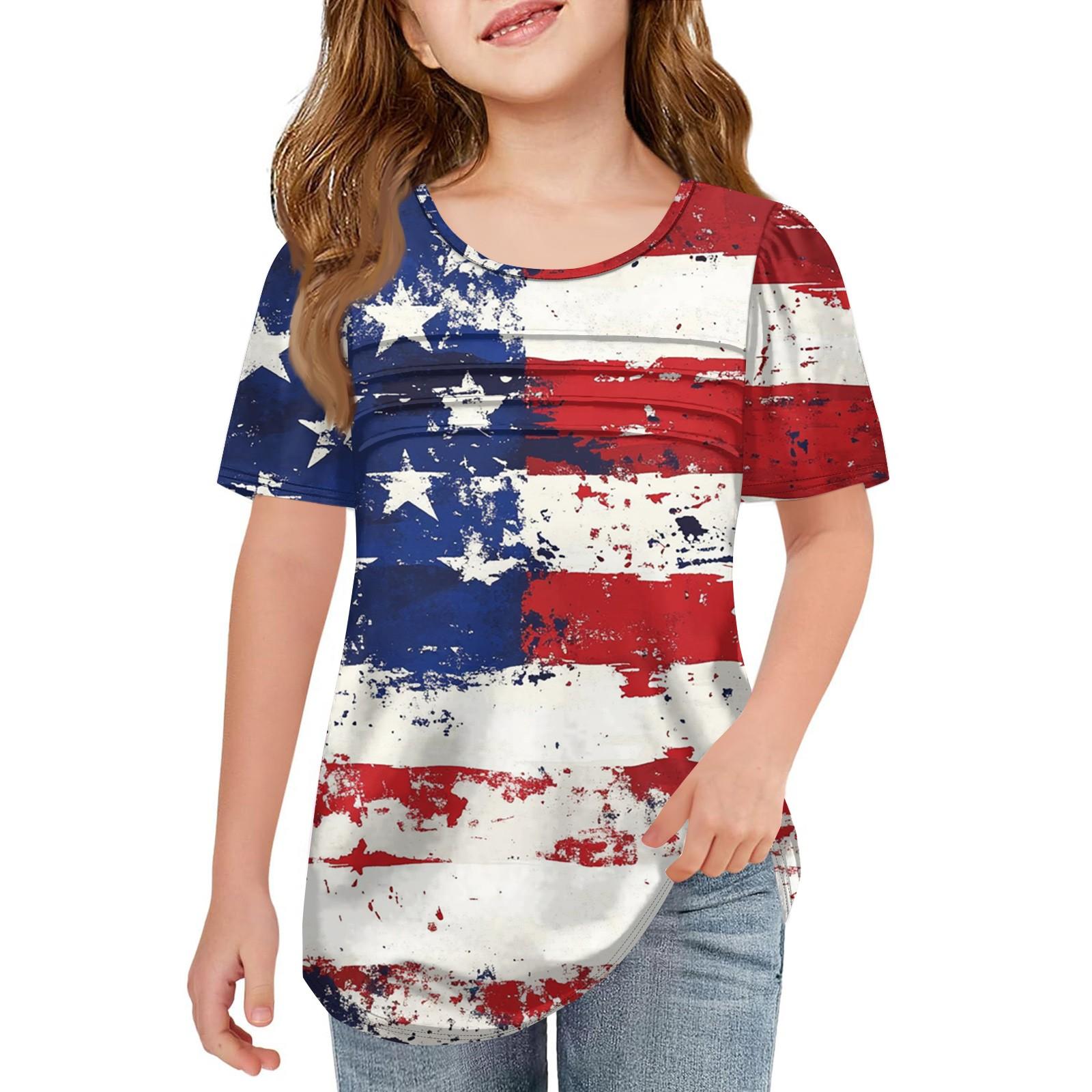 

Детская плиссированная футболка с коротким рукавом, летняя футболка с круглым вырезом и принтом «День независимости» 100