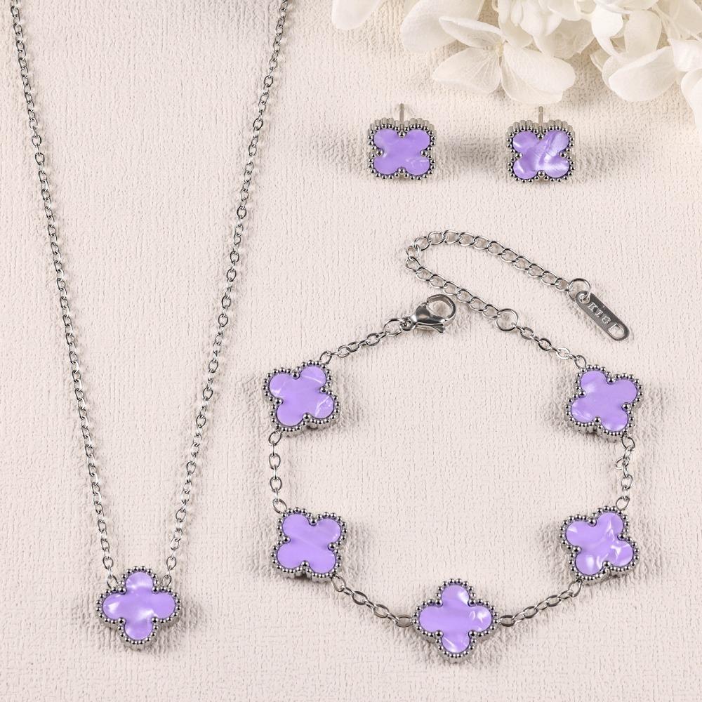 Four-leaf Clover Three-piece Necklace Bracelet and Earring Set - A Luxurious and Colorful Fashion Accessory Set
