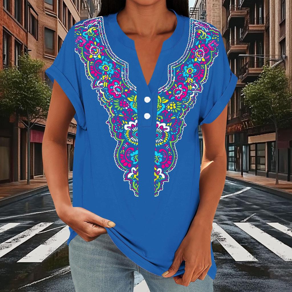 Women's Casual Loose Fit Short Sleeve Button V Neck Floral Print T Shirt Top Lightweight Comfortable Summer Blouse