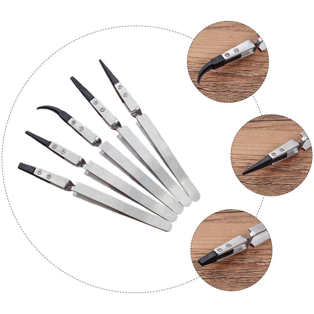 5Pcs Electronic Insulated Tweezers Plastic Head Stainless Steel Precise Heat Resistant Non-Conductive Tweezers for Precision