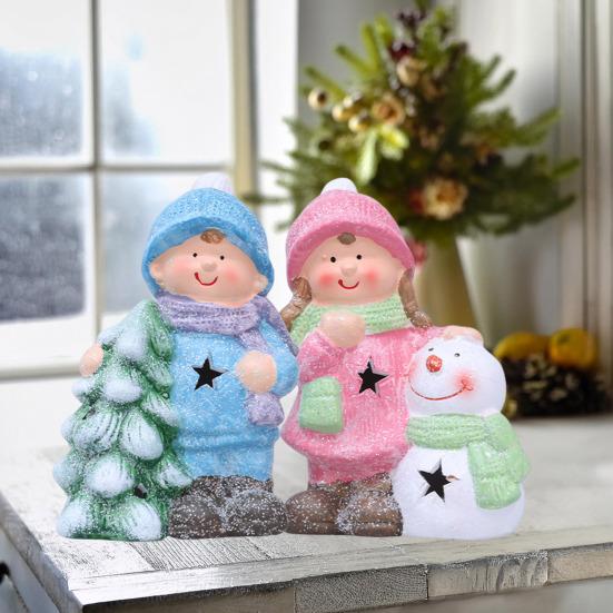 Lighted Ceramic Christmas Figurine Cute Light Up Boy Girl Tree Snowman Statue for Holiday Winter Indoor Mantel Tabletop Fireplace Decor