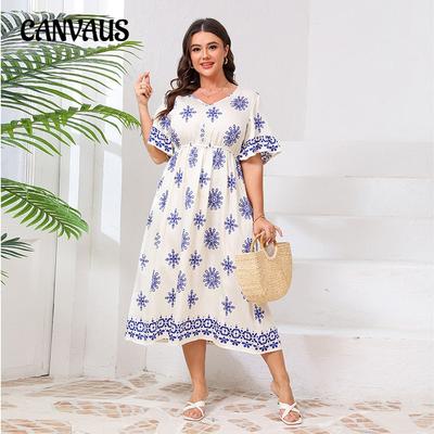 Plus Size Women's V Neck Flared Sleeves Seaside Holiday Fresh Print Mid Length Dress
